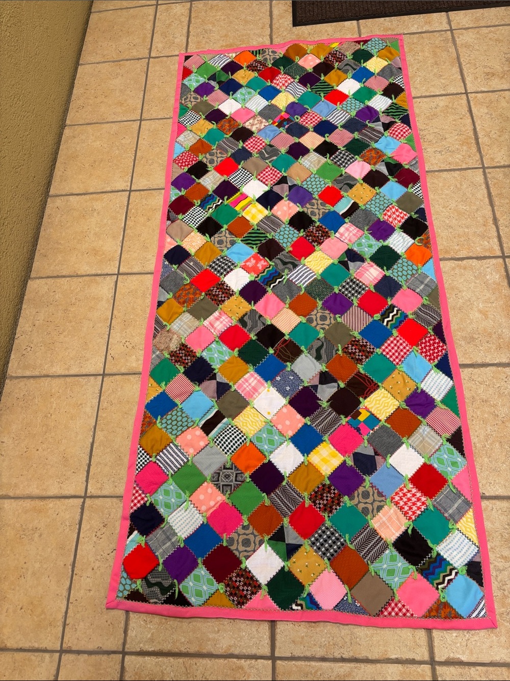 Vintage 70’s polyester double knit handmade quilt.